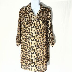 Leopard Print Button Down Shirt/short Dress or Long Tunic Roll Tab Sleeve size S